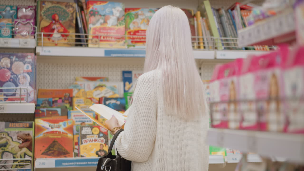 back view of impulse female buyer removing children textbook from shelf in bright store, flipping through illustrated pages, showcasing manicure and watch, casual shopper browsing learning materials