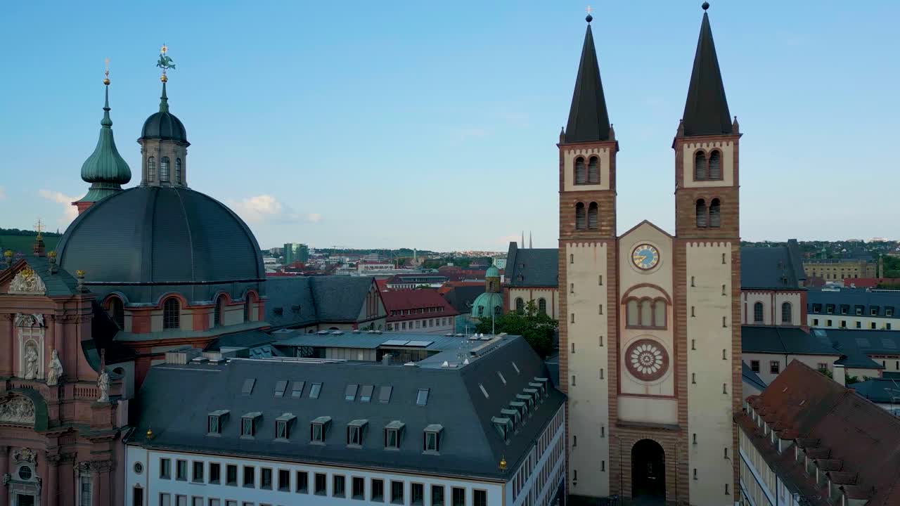 4K Aerial Drone Video of the Wurzburg Cathedral and the New Munster Church in Downtown Würzburg, Germany