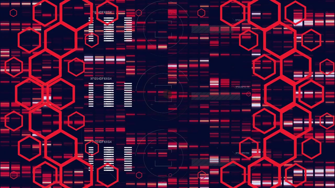 Animation of red shapes over moving columns on black background
