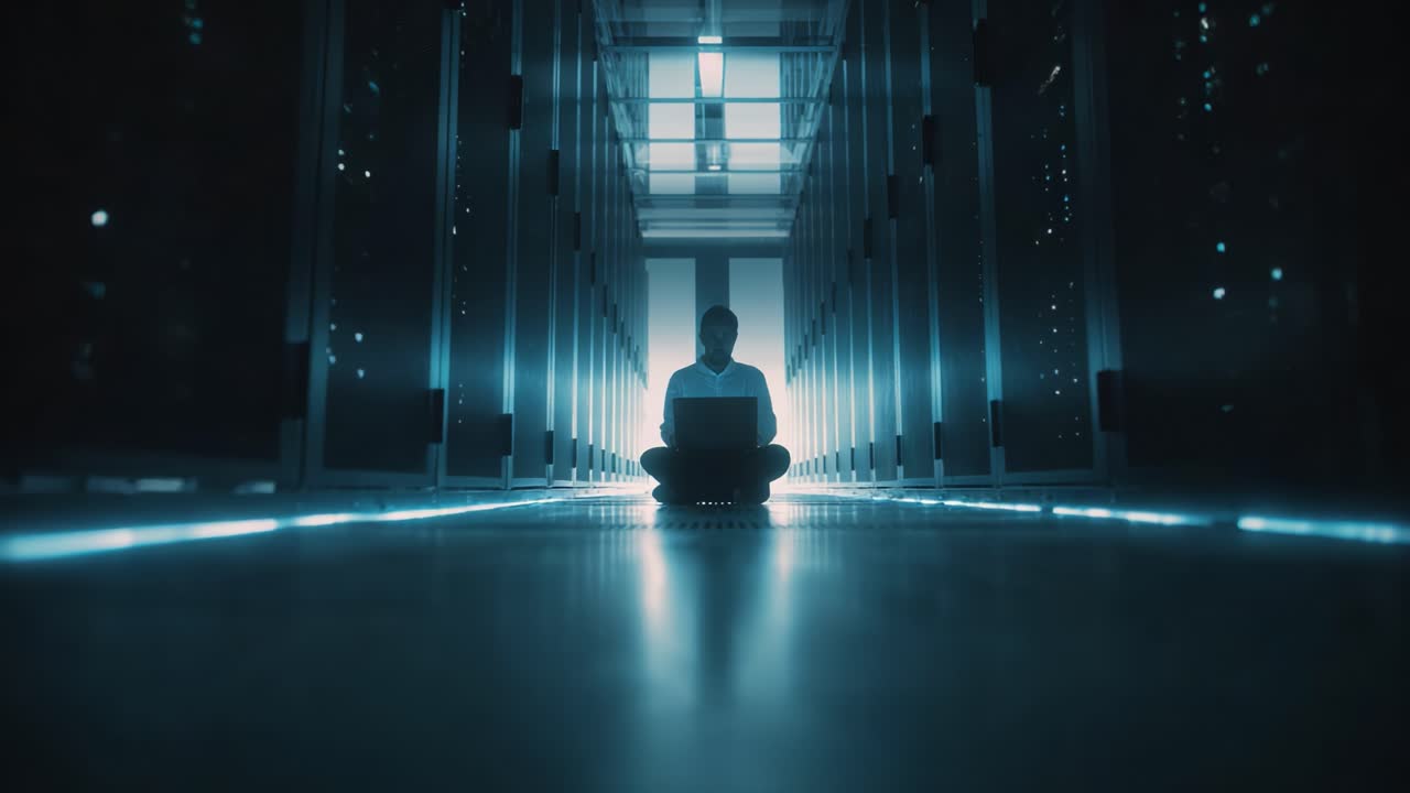 Uma figura solitária em um data center com pouca luz, imersa no trabalho em um laptop em meio a imponentes racks de servidores, exemplificando o mundo da tecnologia e da conectividade digital