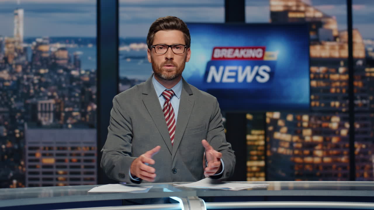 Reporter hosting breaking news at television studio closeup. Anchorman speaking