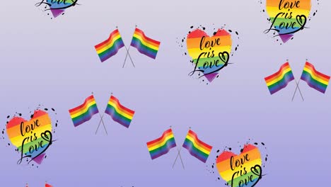 animation of rainbow flags and rainbow hearts on purple background