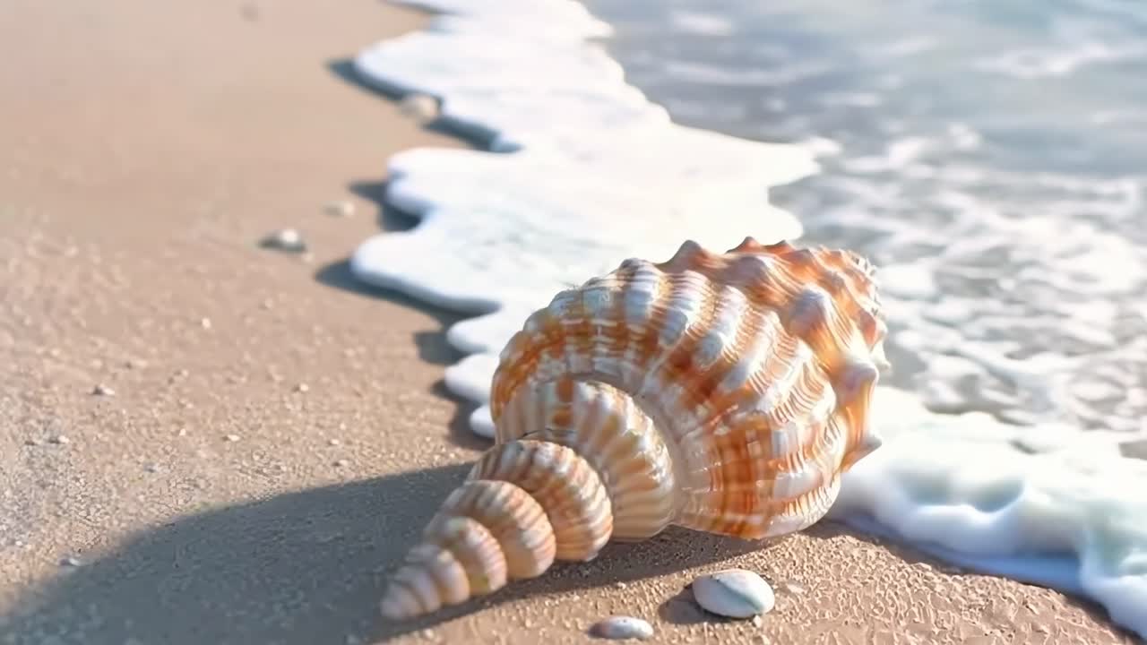 Close-up video of a seashell on a sandy beach, with gentle waves washing over it
