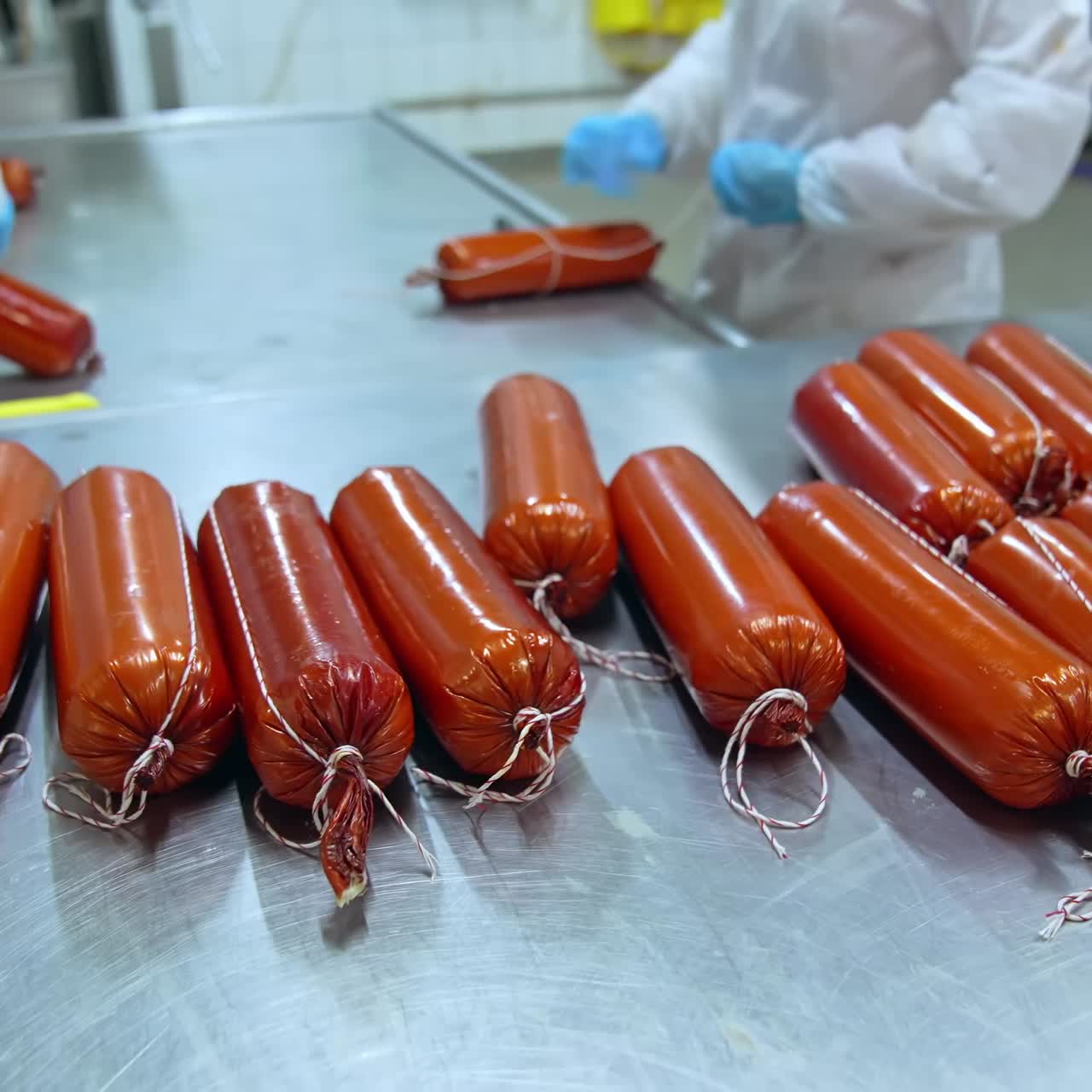 Ouvriers nouant des saucisses finies