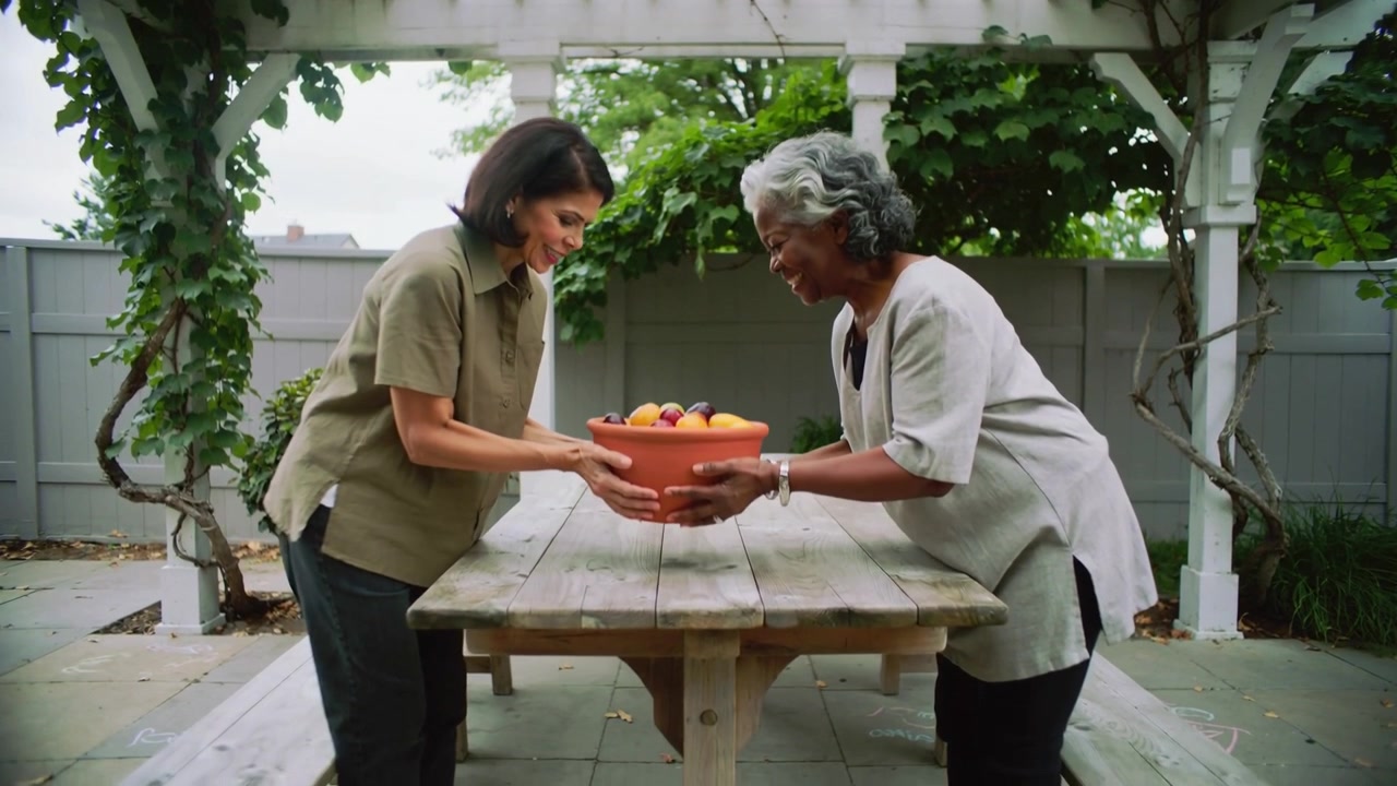 Reaching, two women coordinating handover terracotta bowl on table under pergola, left taking hold