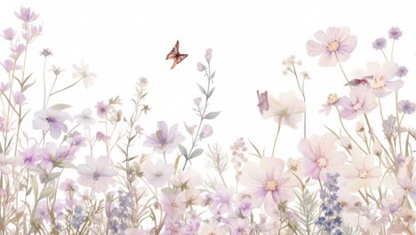 Aerial view of delicate pastel flowers and butterflies, creating a serene and dreamy scene, perfect