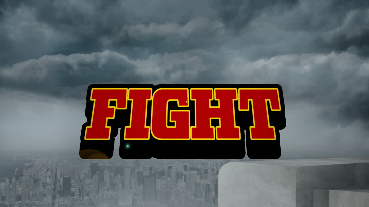 Floating bold 3D render text FIGHT hovering above foggy stormy city skyline from rooftop edge