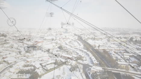 network of connections and data processing animation over snowy cityscape