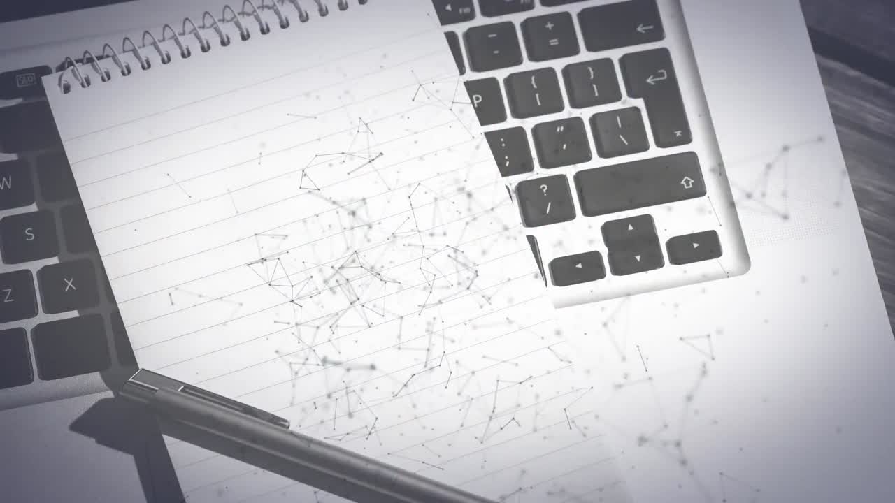 노트북, 노트북 및 책상에 있는 펜을 통한 연결 네트워크의 애니메이션