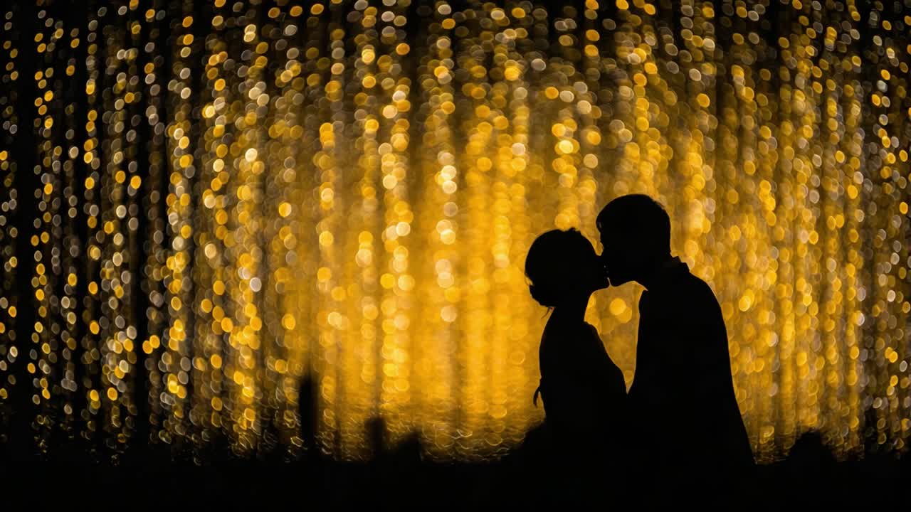 A Romantic Evening: A Silhouette of a Couple Sharing a Kiss Against a Vibrant Golden Backdrop of Soft, Glowing Lights, Capturing the Essence of Love and Intimacy