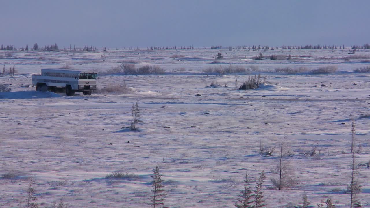캐나다 허드슨 베이의 얼어붙은 광활한 지역을 가로지르는 북극 크롤러 툰드라 버기 1