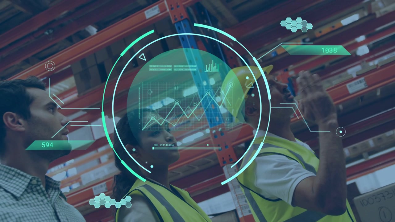 Warehouse team checking racks, HUD appearing, updating data as lead gesturing to check stock