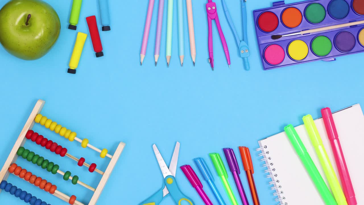 Back to school stop motion. School tools ordering on top and bottom of blue theme. Stop motion