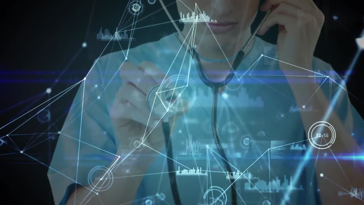 스테토스코프를 사용하는 백인 여성 의사에 대한 연결 네트워크의 애니메이션