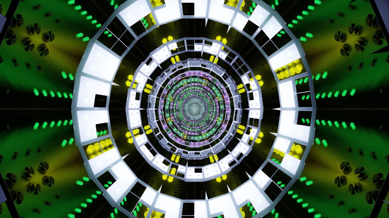 A vibrant abstract loop showcases intricate geometric patterns with glowing elements, creating a mesmerizing visual effect perfect for screensavers and display installations