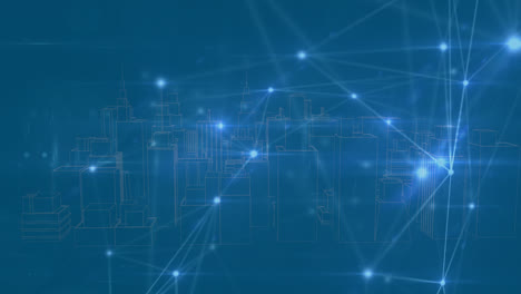 Animation-of-network-of-connections-over-digital-city-on-blue-background