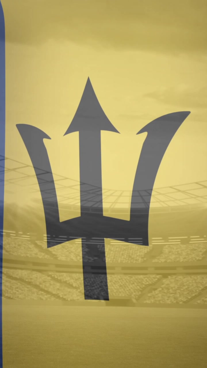 Animación de bandera de Barbados ondeando sobre estadio deportivo.