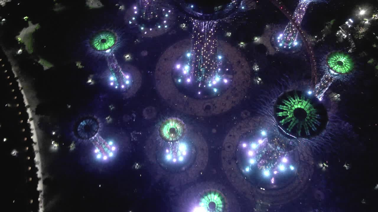 Aerial footage flying over Gardens by the Bay in Singapore during a nighttime light show