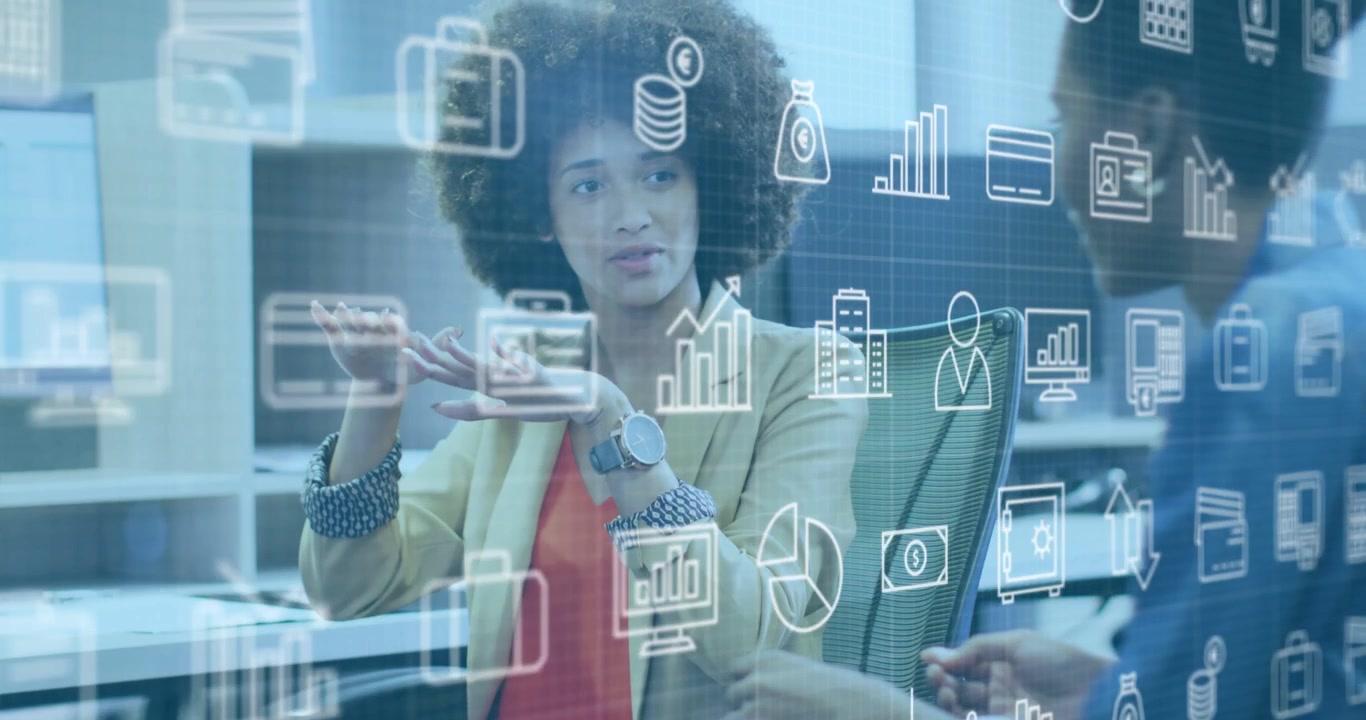 Seated woman raising hands and comparing finance options, animated charts floating across frame
