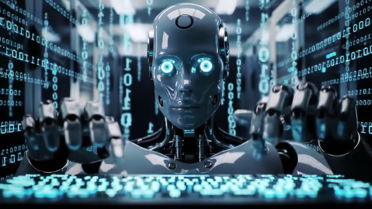 Futuristic Robot Engaged in Data Processing with Illuminated Interfaces and Binary Code in a High-Tech Environment