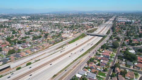 Drone-view-of-710-Interstate-and-surrounding-neighborhoods-in-Los-Angeles,-California
