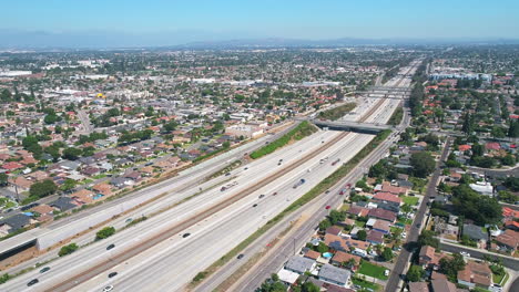 drone view of 710 interstate and surrounding neighborhoods in los angeles, california