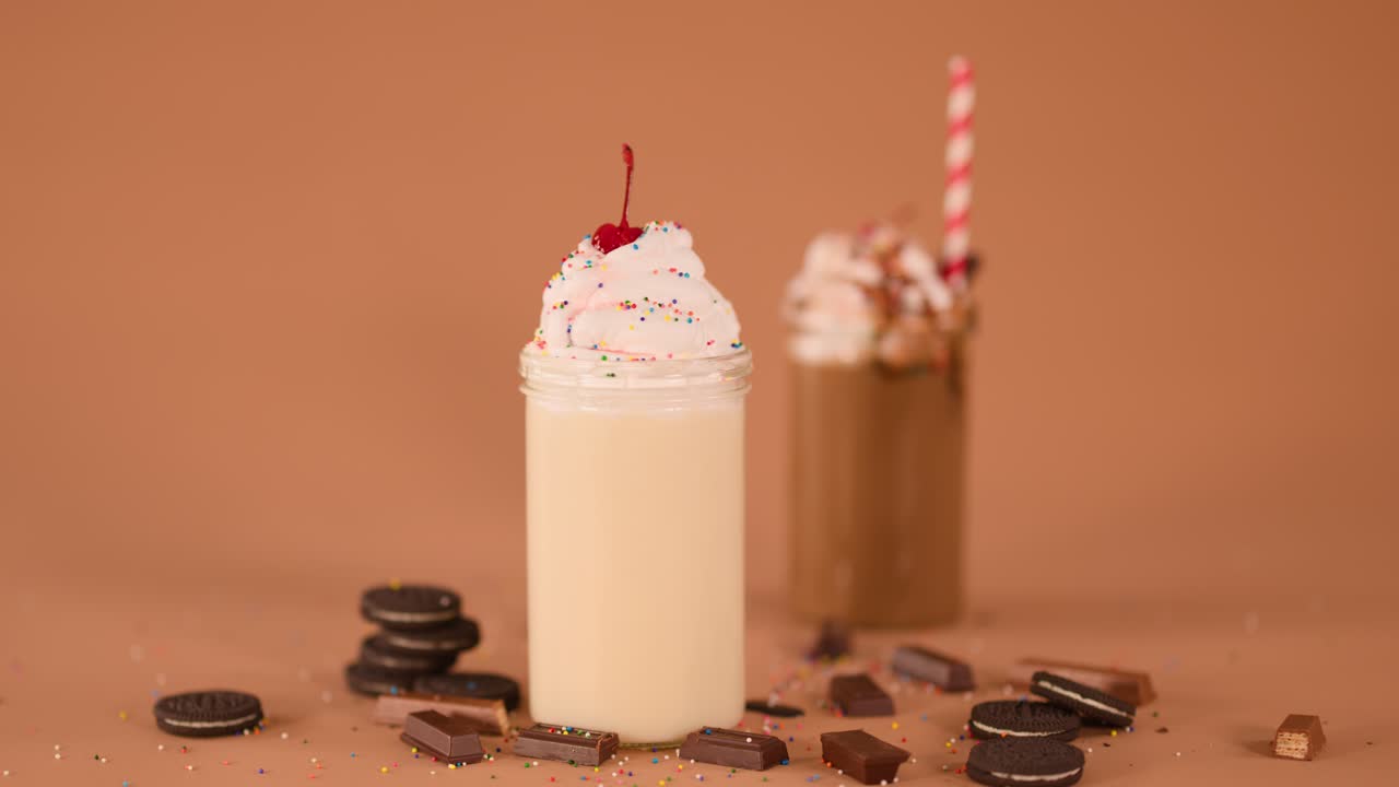 Close-up of hand adjusting striped straw in creamy milkshake, surrounded by cookies and brownies
