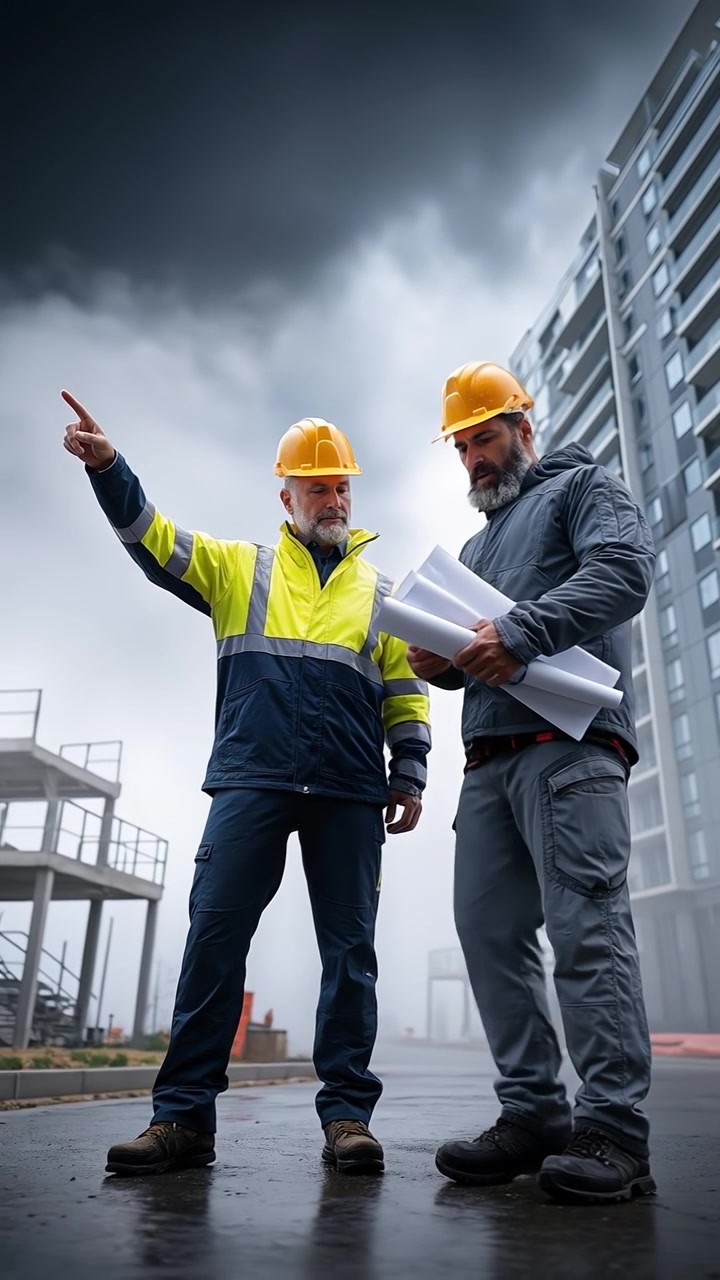 Two construction workers in high visibility gear and hard hats inspecting a tall building at a construction site