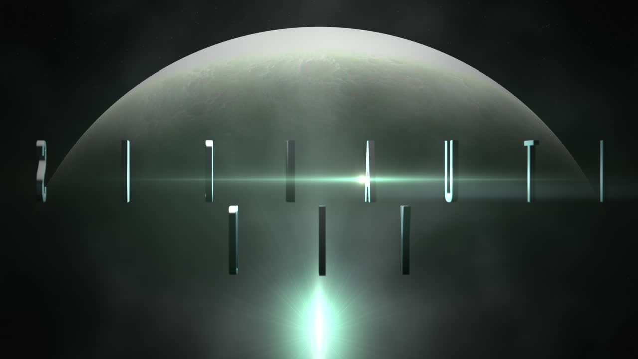 Animation closeup Cosmonautics Day text with motion planet and light of star in galaxy