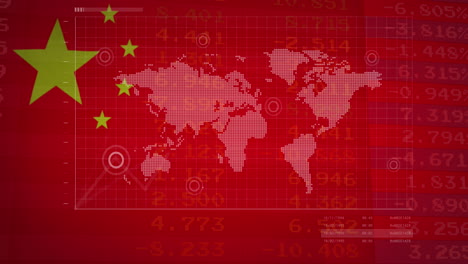 animation of financial data and graphs over world map and flag of china