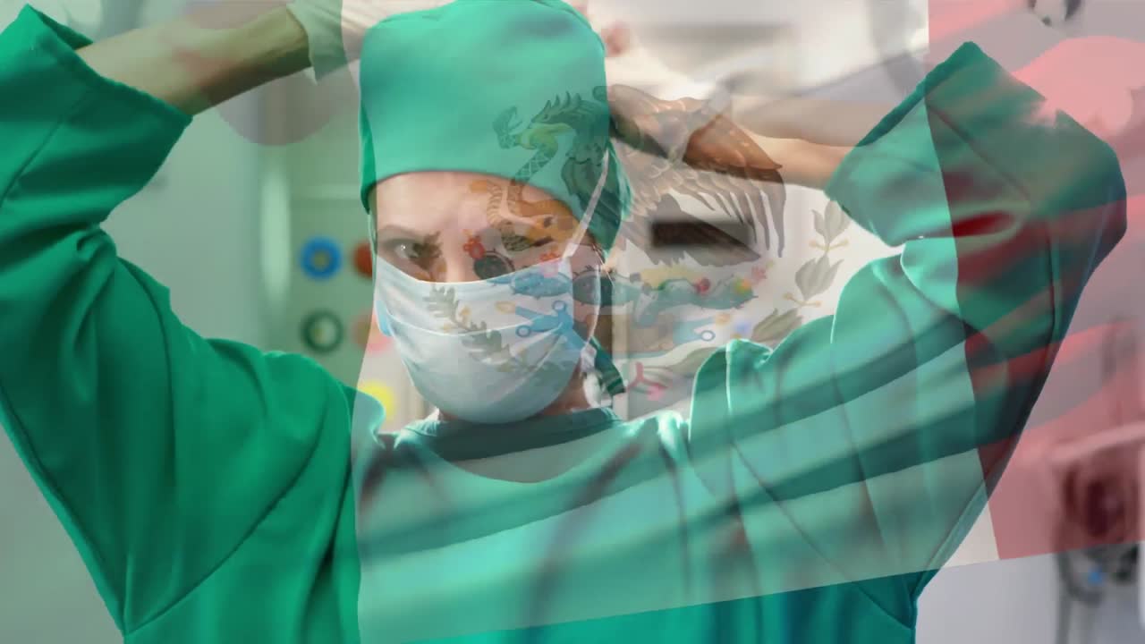 animación de la bandera de italia ondeando sobre el cirujano en el quirófano