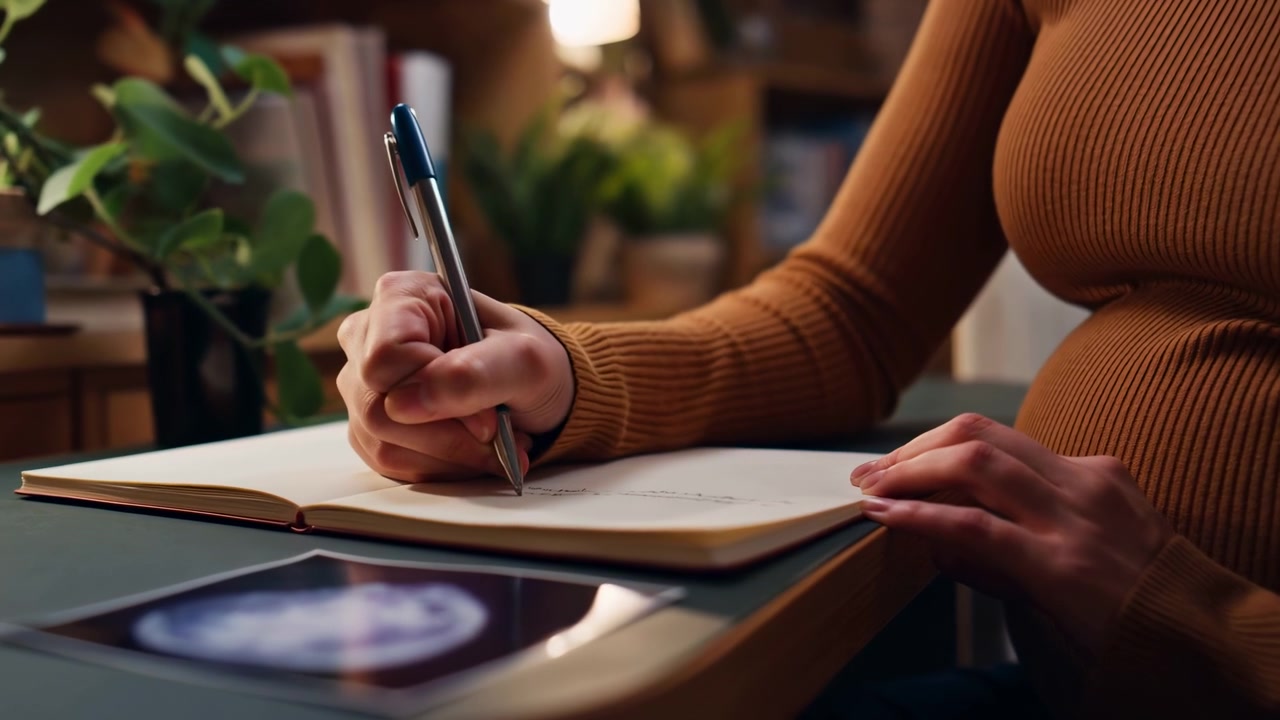 A person is writing with a pen in an indoor workspace surrounded by plants and books, creating a focused and productive atmosphere. The scene is captured from a close-up, slightly above.