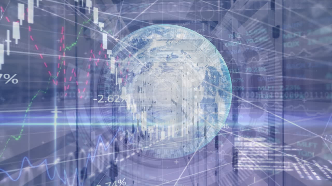 다양한 금융 데이터, 그래프 및 서버를 통해 지구의 애니메이션