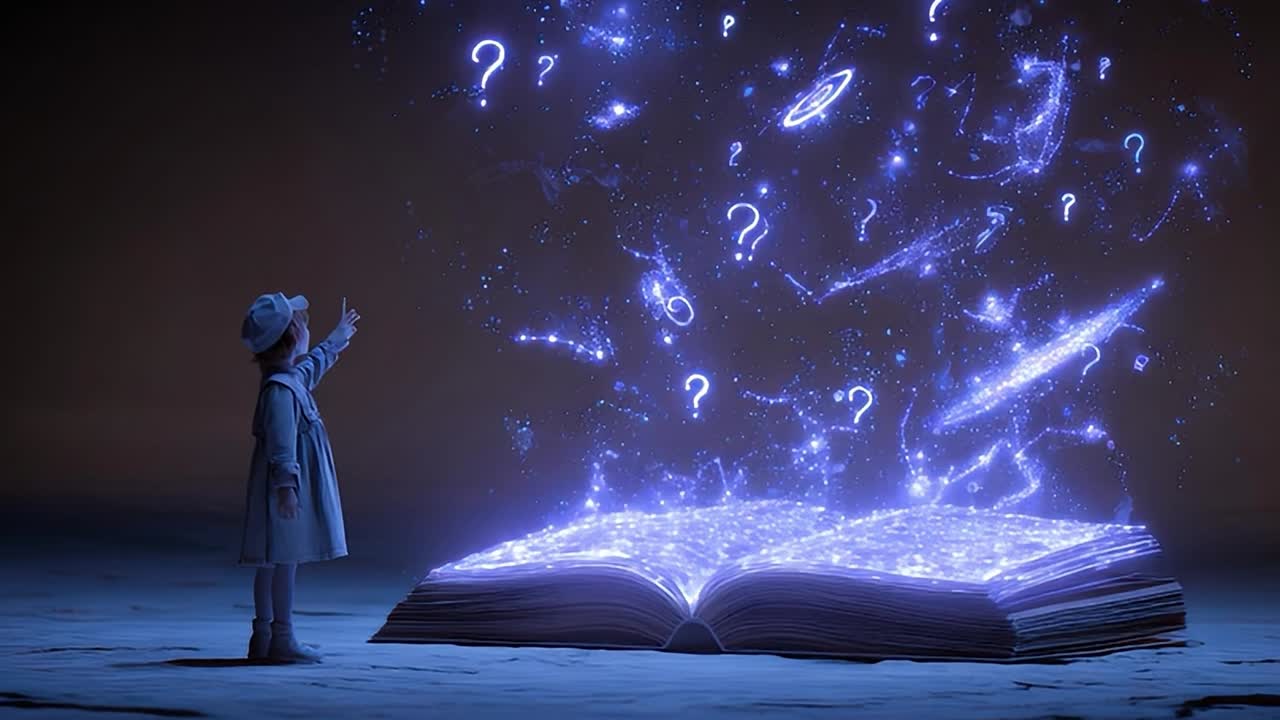 Bambino piccolo osserva domande fluttuanti sopra un libro aperto
