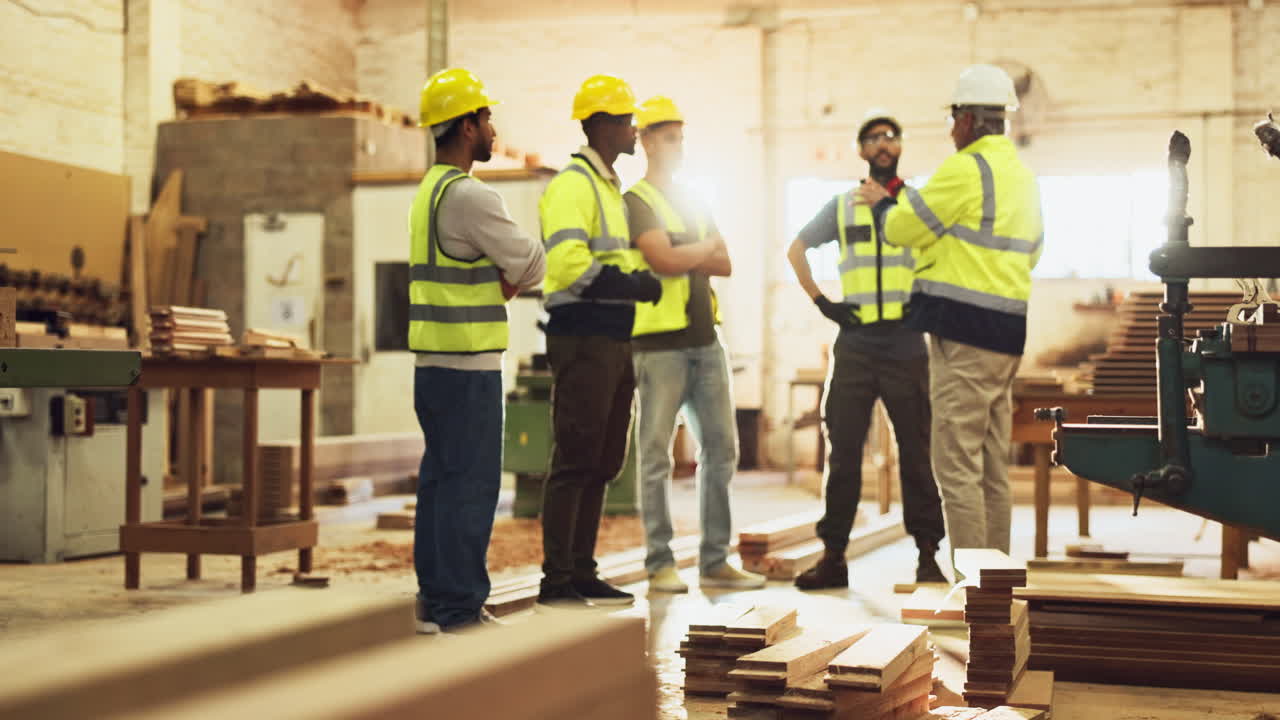 A group of construction workers discussing a project in a carpentry