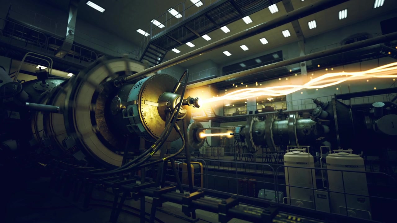 Spacious industrial setting featuring glowing beam across vacuum tube