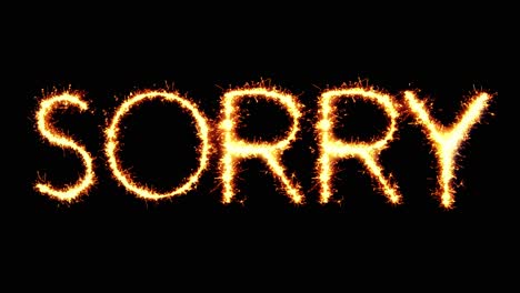 sorry text sparkler writing with glitter sparks particles firework on black 4k loop background