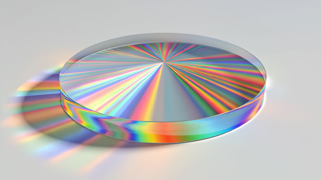 Abstract footage of a transparent glass disc prism creating rainbow spectrum refraction and iridescent light rays on a clean studio background, science and optics concept