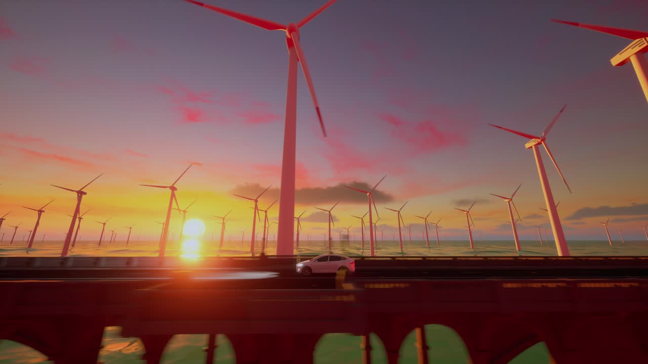 태양이 지는 동안 풍력 터빈을 배경으로 고속도로에서 일반적인 전기 자동차 드라이브의 3d 렌더링.