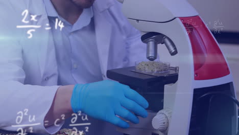 animación de ecuaciones matemáticas sobre científico caucásico que trabaja en el laboratorio