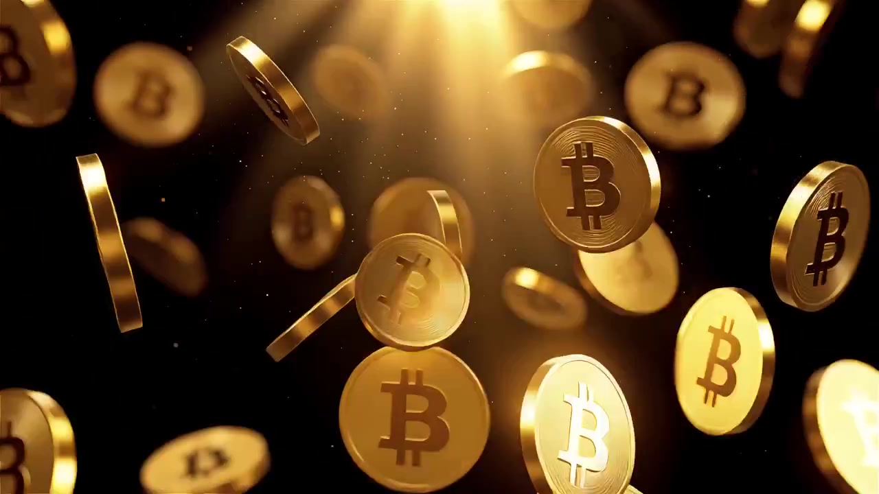 Bitcoin in rotazione su sfondo nero drammatico 4k