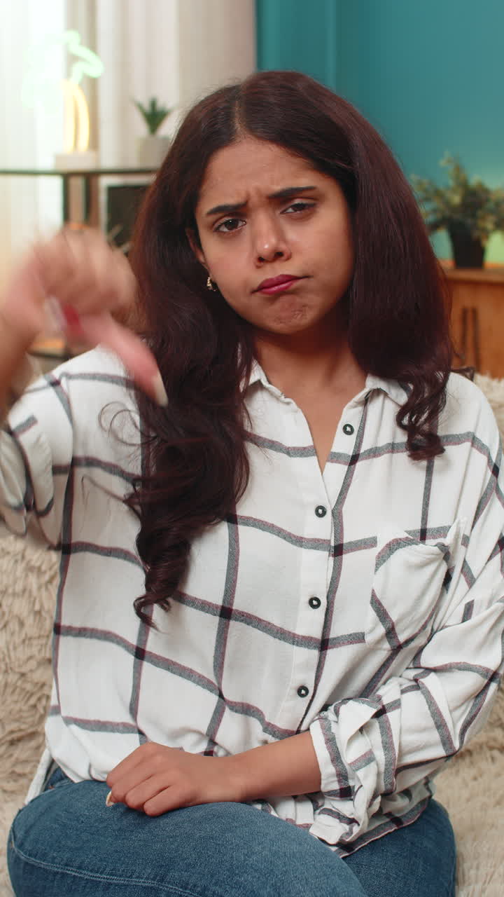 Indian woman thumbs down dislike gesture negative feedback disappointed rejection indoor expression
