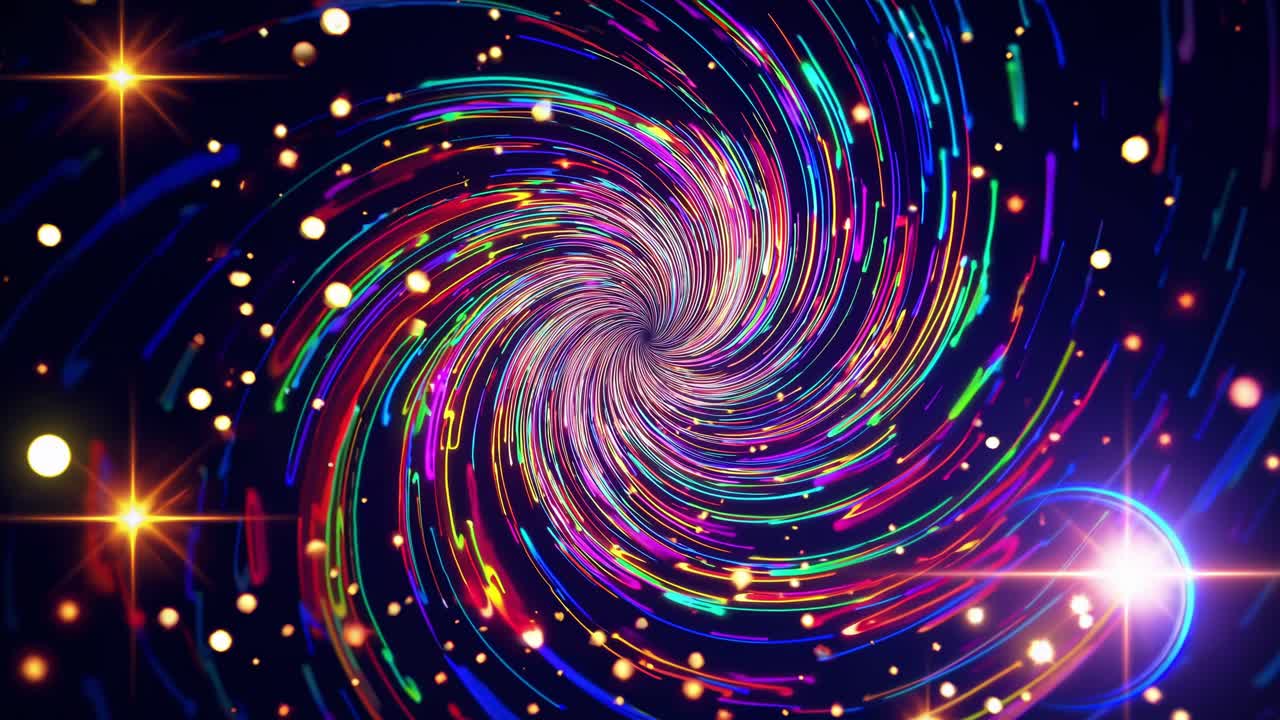 Vibrant light streaks spiraling toward central point, glowing cosmic particles and bright stars generating dynamic time warp visual with profound spatial depth and mesmerizing astronomical energy