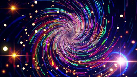 vibrant light streaks spiraling toward central point, glowing cosmic particles and bright stars generating dynamic time warp visual with profound spatial depth and mesmerizing astronomical energy