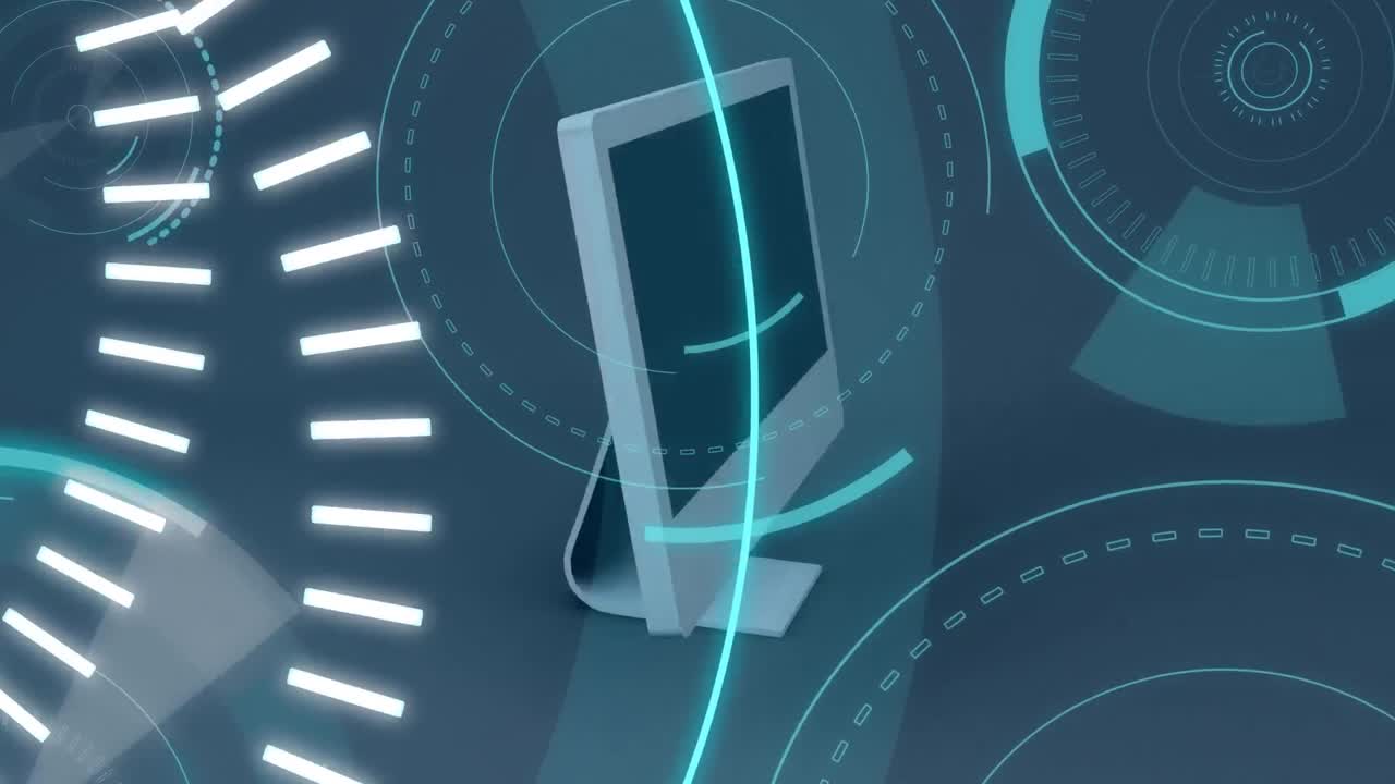 모니터와 5g 미래의 원의 한가운데에 쓰여진