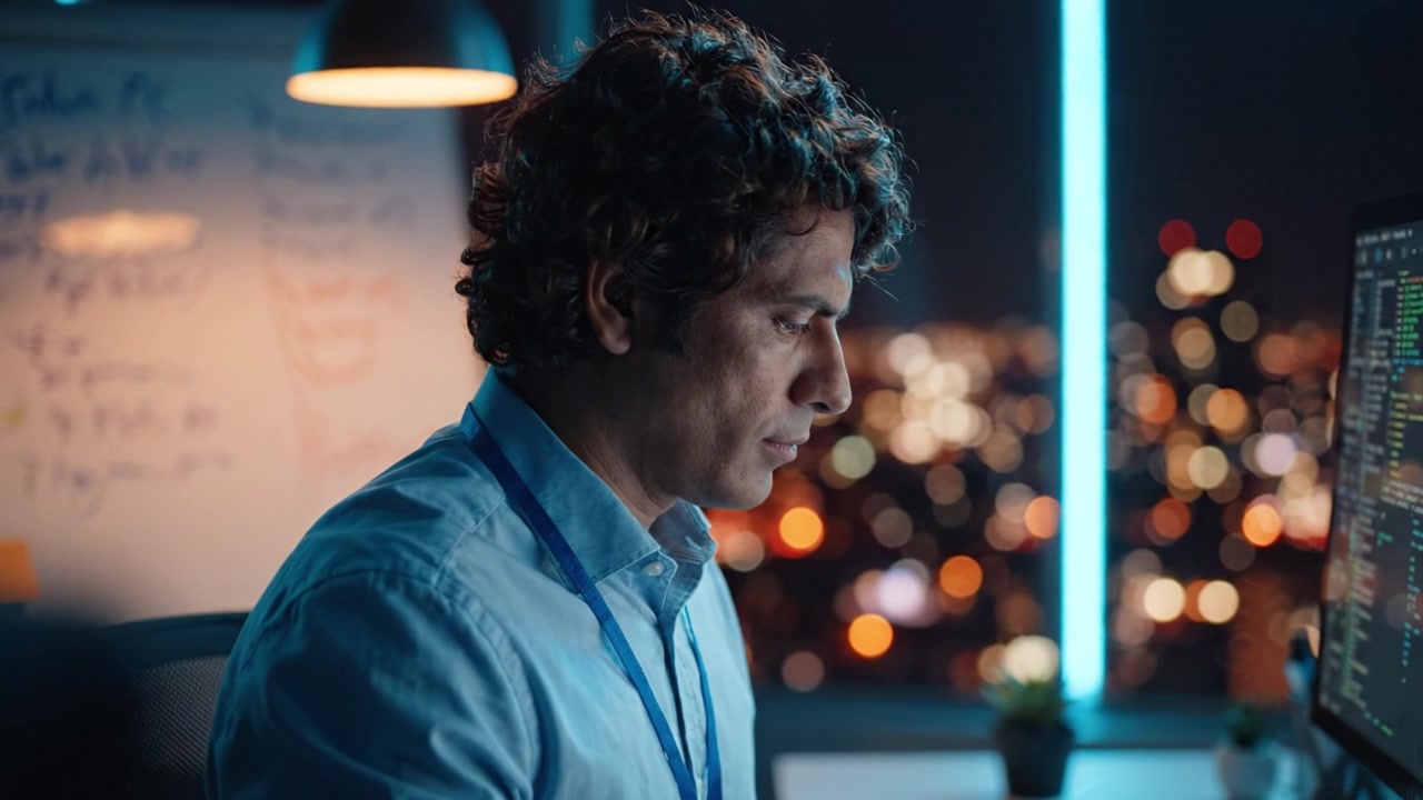 Focused Professional Working Late at Night in an Office with City Lights in the Background, Utilizing Technology for Project Completion and Problem Solving