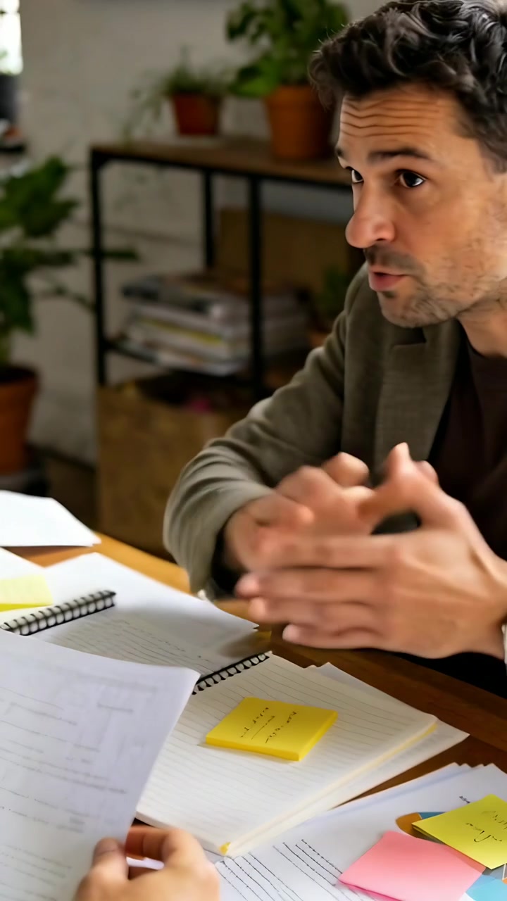 Video verticale: Un uomo in blazer color oliva che indica, prende un foglio da un collega, sistema documenti alla scrivania mentre li esamina.
