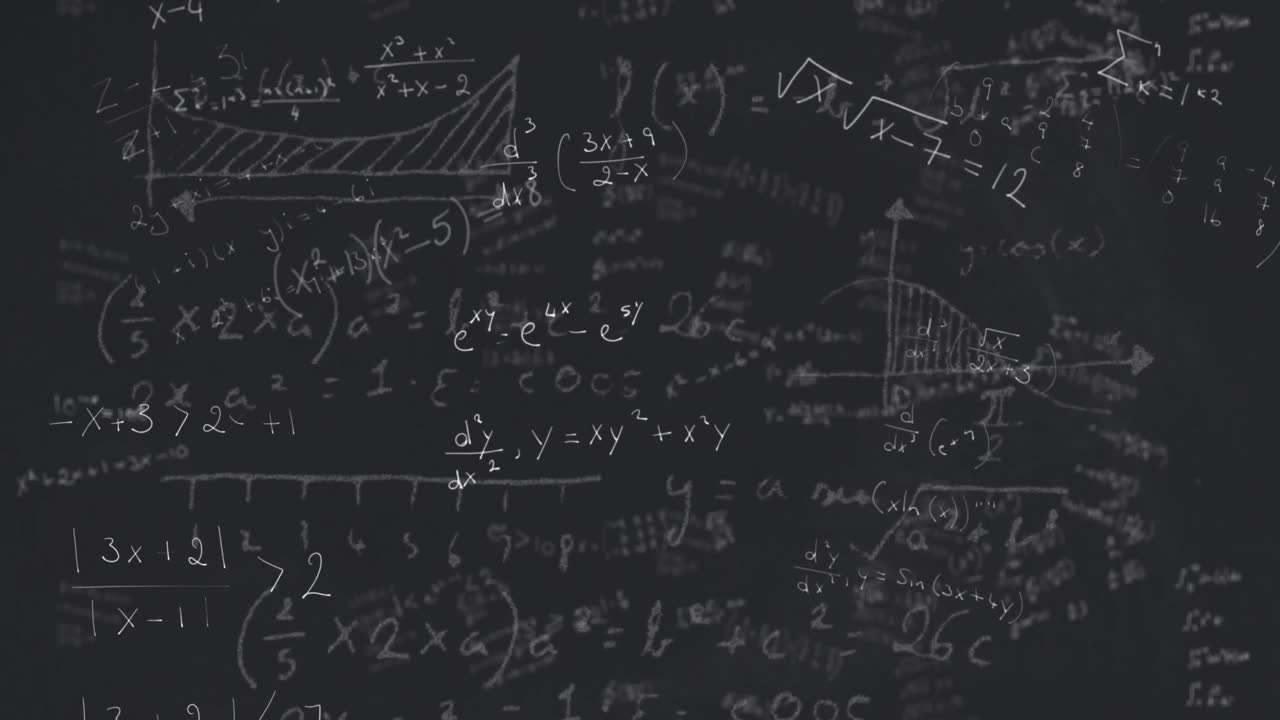Animation of mathematical equations, formulas and diagrams floating against grey background
