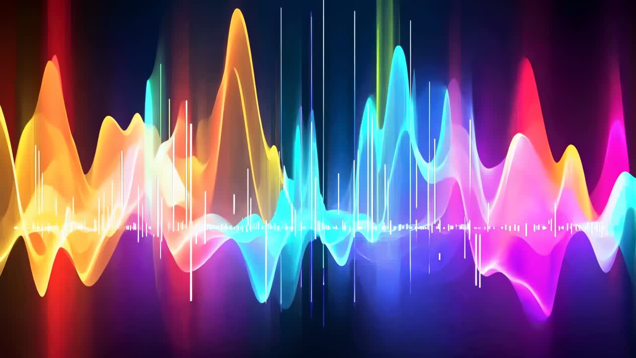 Colorful sound waves in a digital art style, viewed from a frontal angle, representing audio