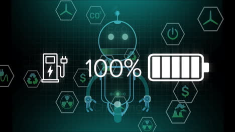 cargando el 100% de la batería a través de iconos de energía ecológica y animación de robots